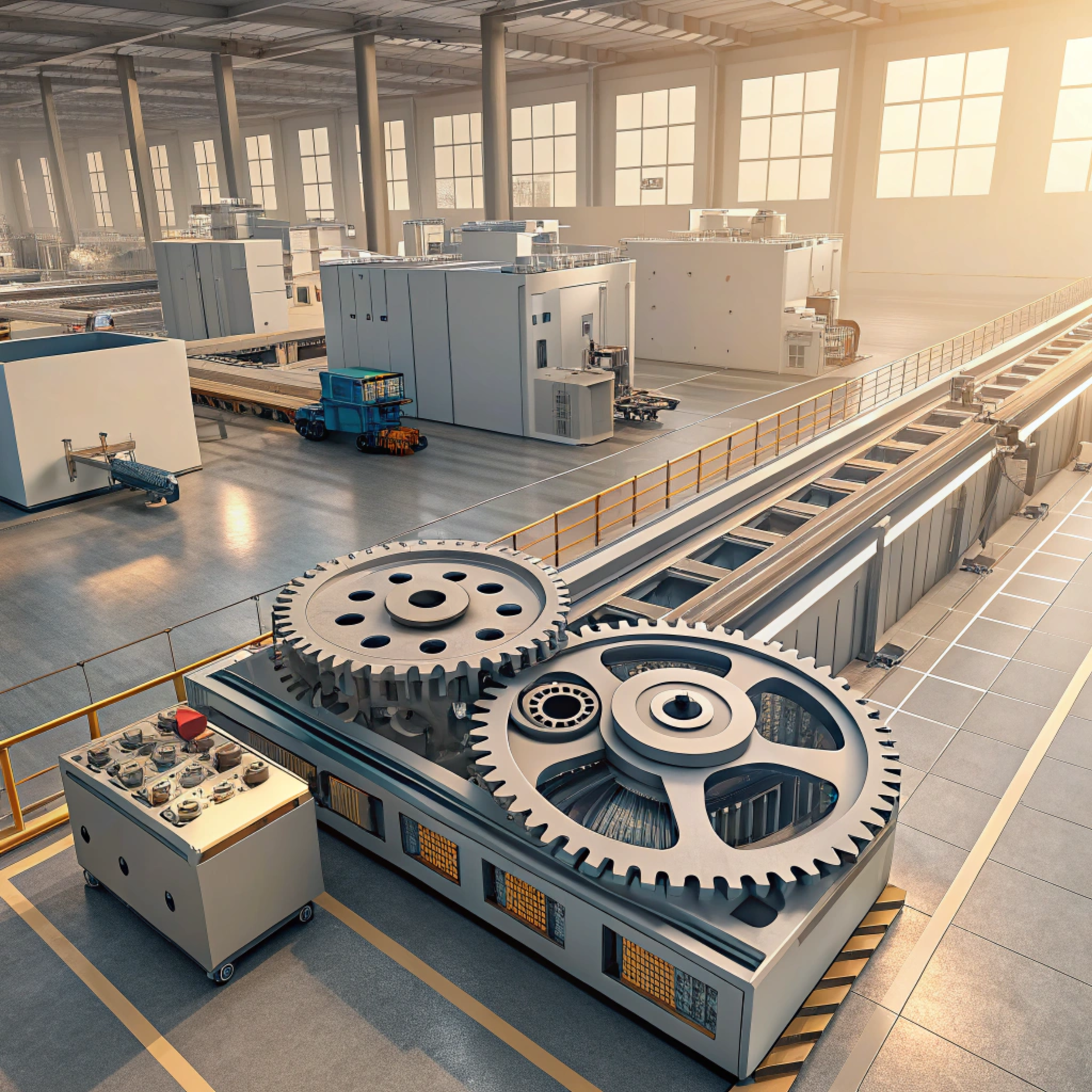 Large industrial gears in a modern factory, showcasing advanced machinery and automation