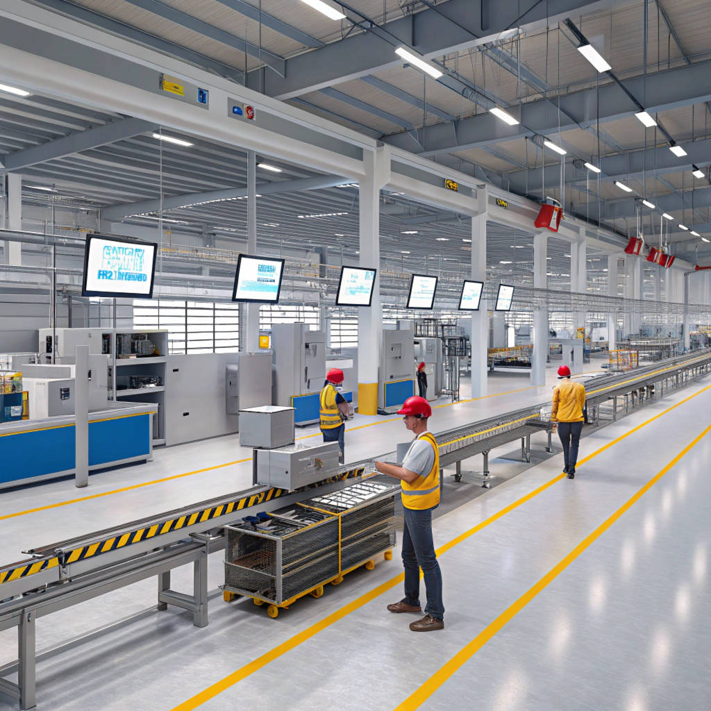 Workers in a modern factory operating an automated assembly line with digital displays